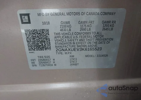 2019 Chevrolet Equinox Lt из США, поврежденный, VIN 2GNAXUEV3K6165523